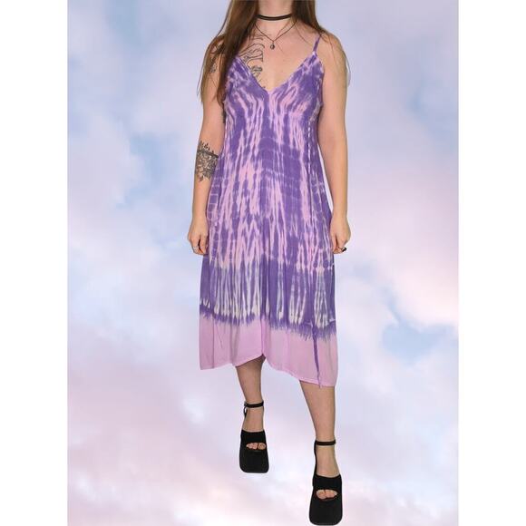 Boho Hippie Purple Tones Tye Dye V neck Summer Midi Flowy Dress - Picture 1 of 9